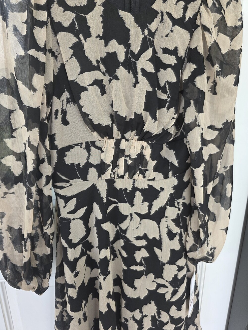 Calvin Klein Black Beige Floral Long Sleeve Dress Size 2 Women Cocktail Office - Picture 7 of 8